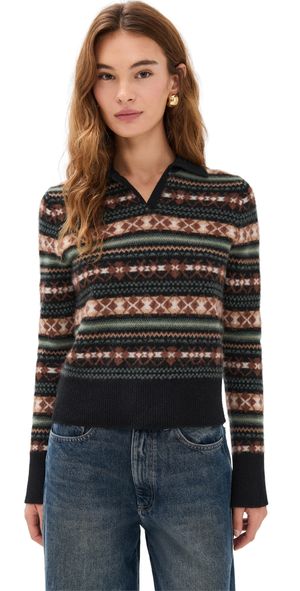 Vince Fair Isle Polo Sweater Cacao/Malachite Combo XS