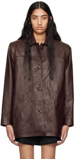Magda Butrym Burgundy Oversized Button Up Leather Jacket