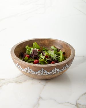 Mango Wood Wide Serving Bowl with Metal Inlay