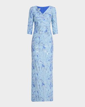 Pleated Metallic Jacquard Column Gown