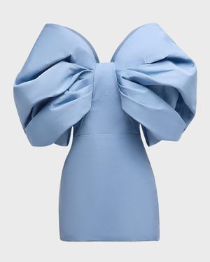 Draped Bow-Sleeve Mini Dress With Train