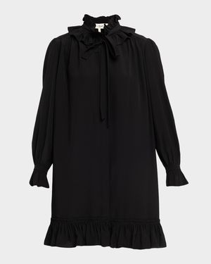 Ruffle Neck-Tie Silk Mini Shirtdress