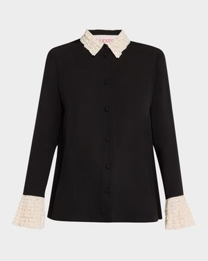 Lace Ruffle Button-Down Georgette Shirt