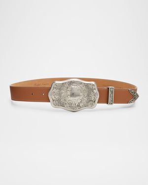 Tooled-Buckle Pebbled Calfskin Western Belt