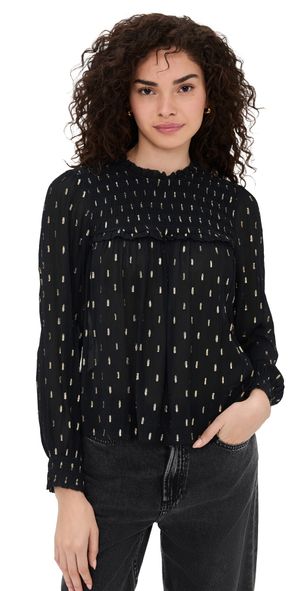 Madewell Smocked High-Neck Long-Sleeve Top Gold Lurex Dot M