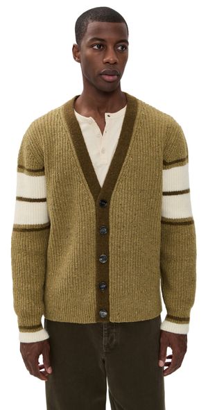 AMI College Wool Ribbed Knit Cardigan Vert Lichen XL