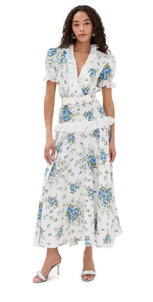 Rodarte White and Blue Daisy Silk Short Sleeve Silk Dress with Eyelet Ruffle Detail and Belt White/Blue 2