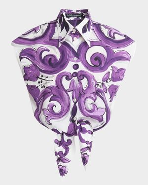 Tris Majolica Cap-Sleeve Tie Crop Shirt