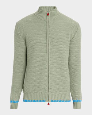 Men's Cashmere Contrast-Weave Full-Zip Sweater