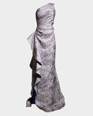 One-Shoulder Jacquard Side-Ruffle Gown
