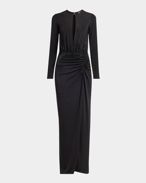 Keyhole Long-Sleeve Crystal Draped Jersey Gown