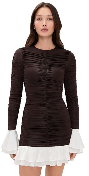 ROTATE Mini Ruched Long Sleeve Dress Chicory Coffee Comb 36