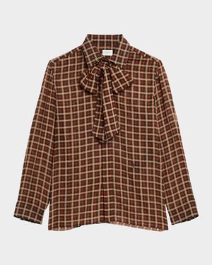 Bow-Neck Check Vichy Silk Shirt