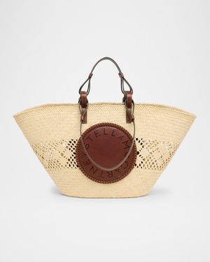 Small Logo Raffia Basket Tote Bag