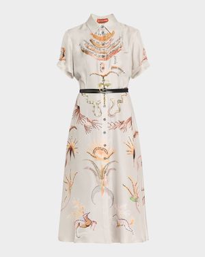 Kiera Printed Short-Sleeve Silk Midi Shirtdress