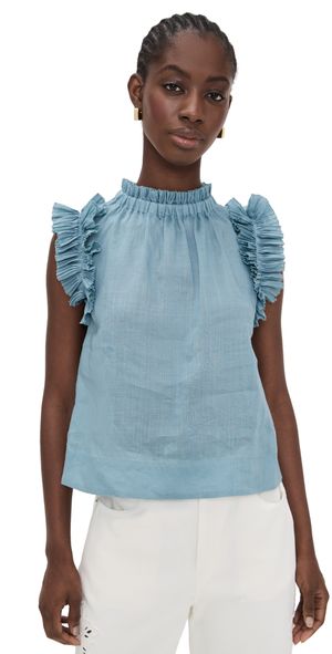 Sea Anise Solid Flutter Sleeve Top Blue S