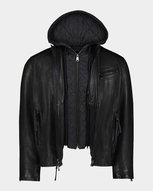 Men's Cedro Leather Moto Jacket with Nylon Hooded Bib