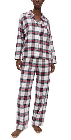 Eberjey Flannel Long Pajama Set Tartan Plaid Ivory/Holly Red XL