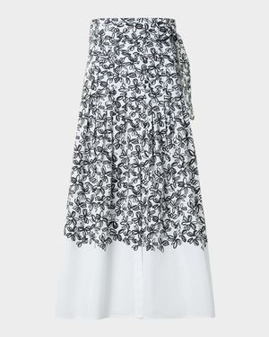 Daisy-Print Cotton Poplin Pleated Midi Skirt With Belt