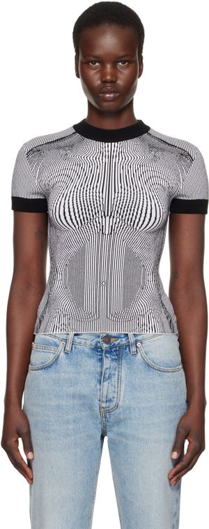 Jean Paul Gaultier Black & White 'The Morphing Pinstripes Jacquard' T-Shirt