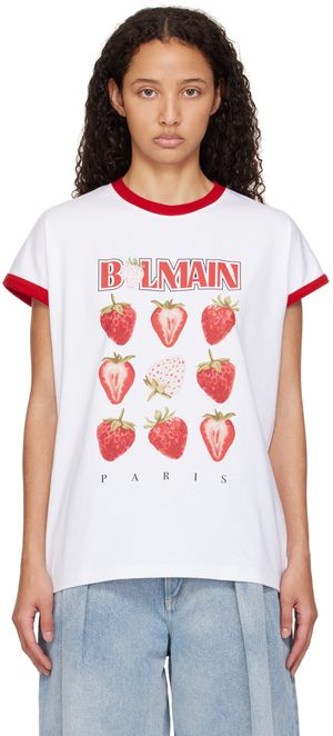 Balmain White Two-Tone 'Balmain' Strawberry Print T-shirt
