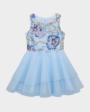 Girl's Ayla Floral Embroidered Tulle Dress, Size 7-16