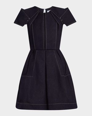 Pleated Denim Short-Sleeve Mini Dress