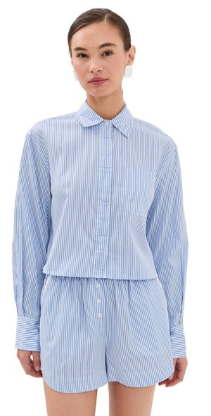 SIMKHAI Renata Cropped Shirt Blue Hydrangea Stripe XL
