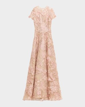 Floral Raffia Embroidered Tulle Short-Sleeve Gown