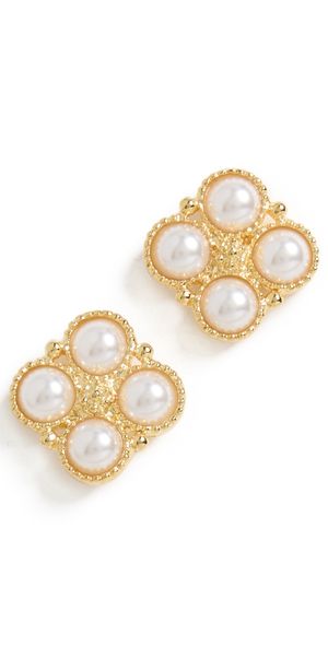 Kenneth Jay Lane Gold Post Earrings with 4 White Pearl Cabochons Gold/Pearl One Size