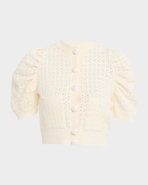 Pointelle Knit Puff-Sleeve Crop Cardigan