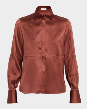Stretch Satin Button-Front Blouse