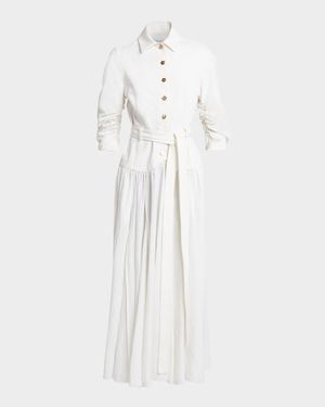 Delyth Ruched-Sleeve Belted Midi Shirtdress