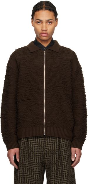 YOKE Brown Random Jacquard Front Zip Cardigan