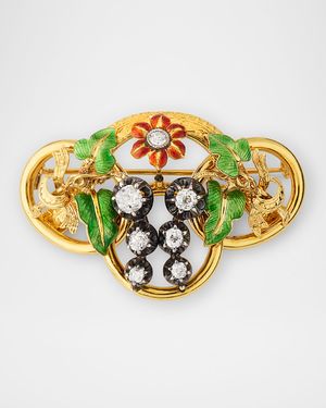Estate 18K Yellow Gold Victorian Chased Floral Pin with Diamonds