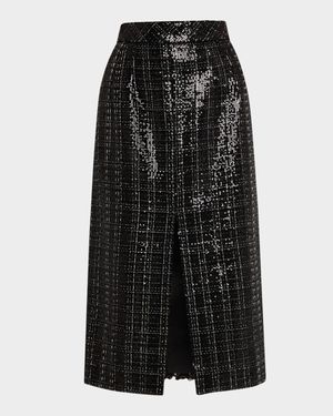 Sequined Check Slit Midi Skirt