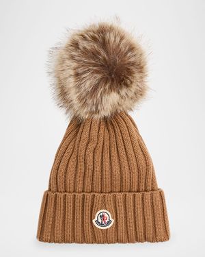 Ribbed Beanie with Faux Fur Pom
