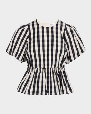 Chelsey Check Puff-Sleeve Peplum Top