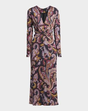 Metallic Paisley-Print Jersey Twisted Midi Dress