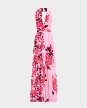 Pleated Floral-Print Chiffon Halter Gown