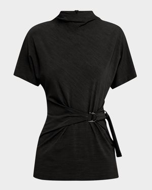 Mock-Neck Buckle Draped Jersey Top