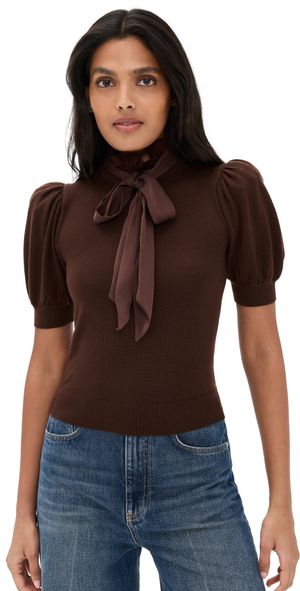 alice + olivia Chase Puff Sleeve Ruffle Neck Sweater Dark Chocolate S