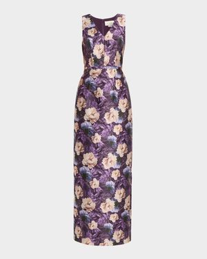 Adellyn Floral-Print Mikado Column Gown