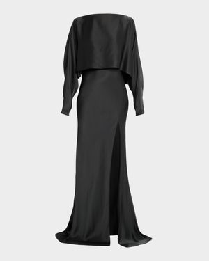 Dolman-Sleeve Satin Cape Gown
