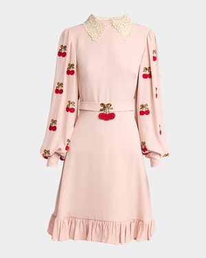 Cherry Embroidered Georgette Balloon-Sleeve Mini Dress