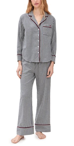 Marea Flannel Gingham Piped Pajama Set Navy Gingham XL