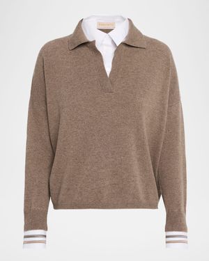Cashmere-Silk Layered Polo Sweater