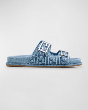 FF Embroidered Denim Dual Buckle Slide Sandals