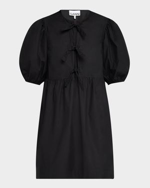 Tie-Front Puff-Sleeve Poplin Mini Dress