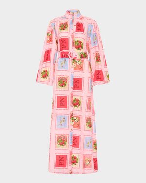 Noddy Belted Stamp-Print Linen Maxi Shirtdress